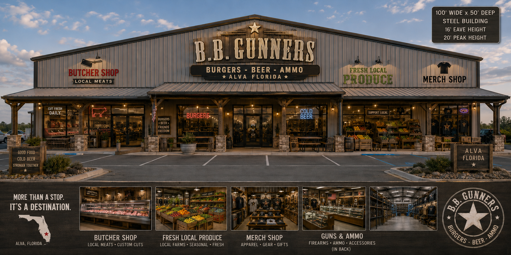 B.B. Gunners storefront with neon Burgers Beer Ammo sign at sunset.