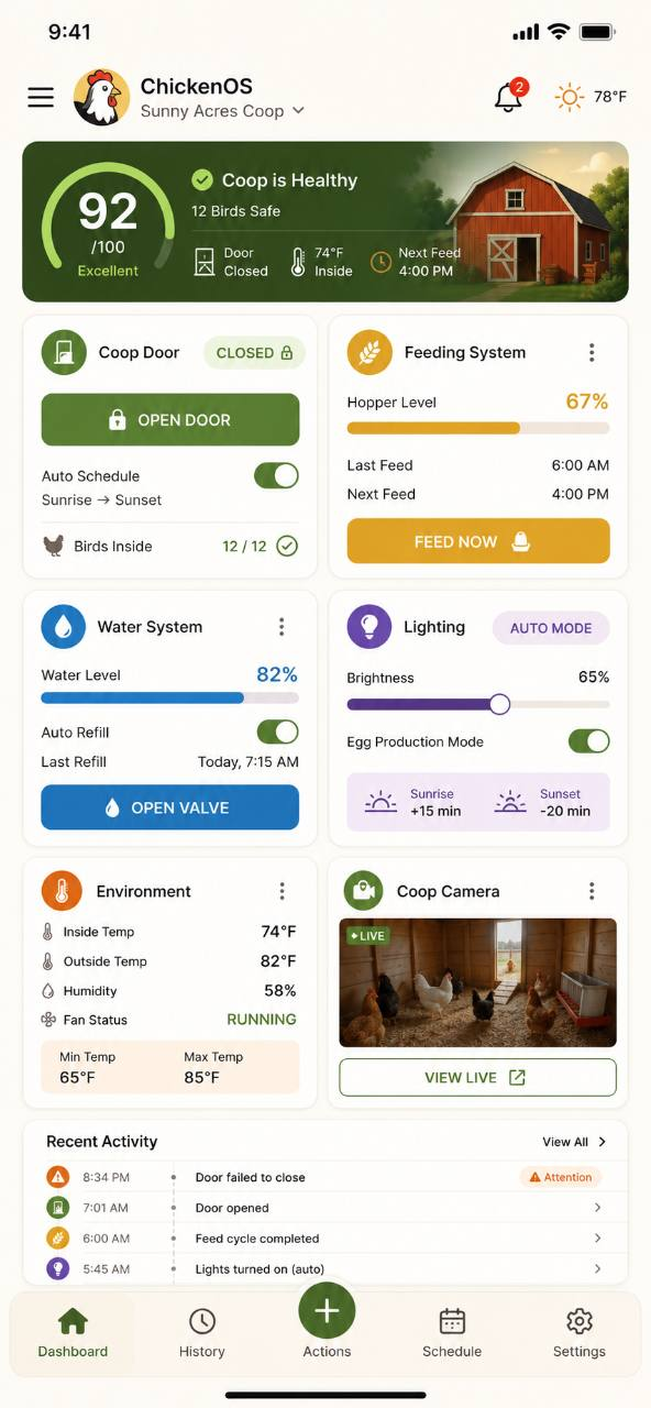 ChickenOS mobile dashboard mockup showing coop health, automation controls, monitoring, and live camera feed.