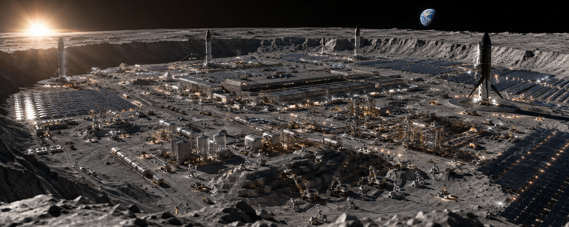 Wide cinematic lunar datacenter complex with rockets, solar fields, construction robots, Earth on the horizon, and sunrise over a crater rim.