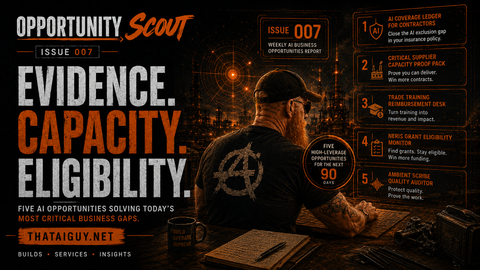 Opportunity Scout Issue 7 graphic titled Evidence. Capacity. Eligibility., showing a builder studying five evidence-driven business opportunities.