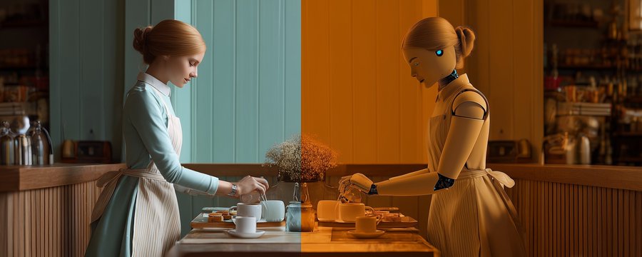 Human server and humanoid robot serving coffee across a split warm and cool cafe scene.